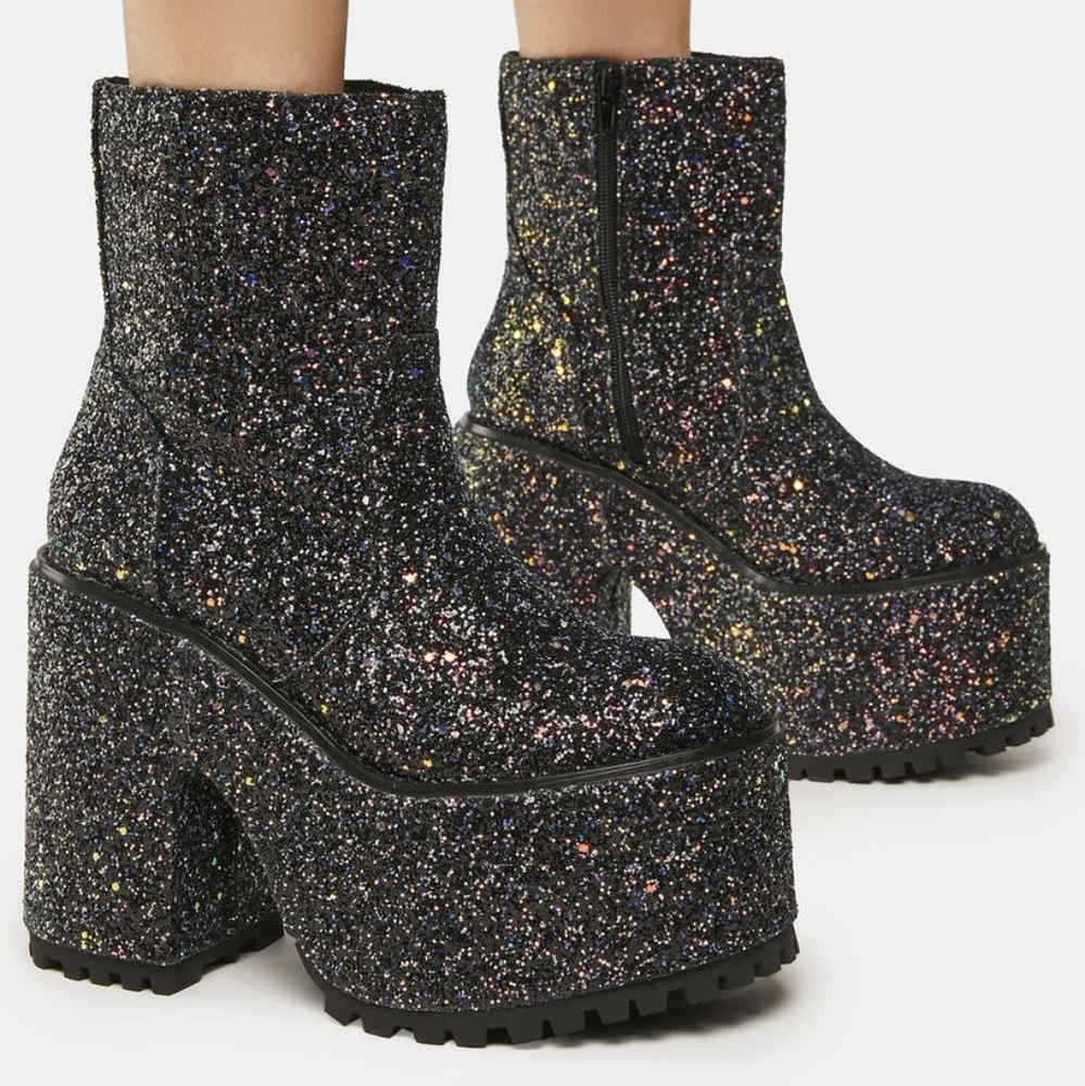Y.R.U Krush Platform Boots in Black Glitter sz9